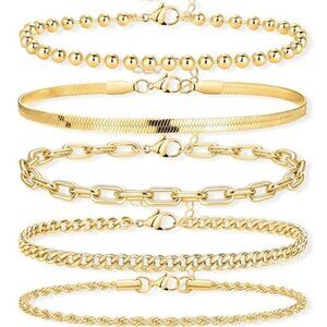 Gold Bracelets Set for Women Stackable Cuff Beaded Chain Layered Hand Jewelry